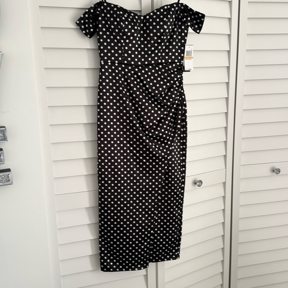NWT CITY STUDIO BLACK WHITE POLKA MIDI DRESS